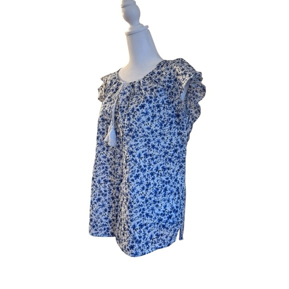 Land N Sea Blue White Floral Tassel Blouse Cotton Boho Peasant Top Small - Picture 2 of 6